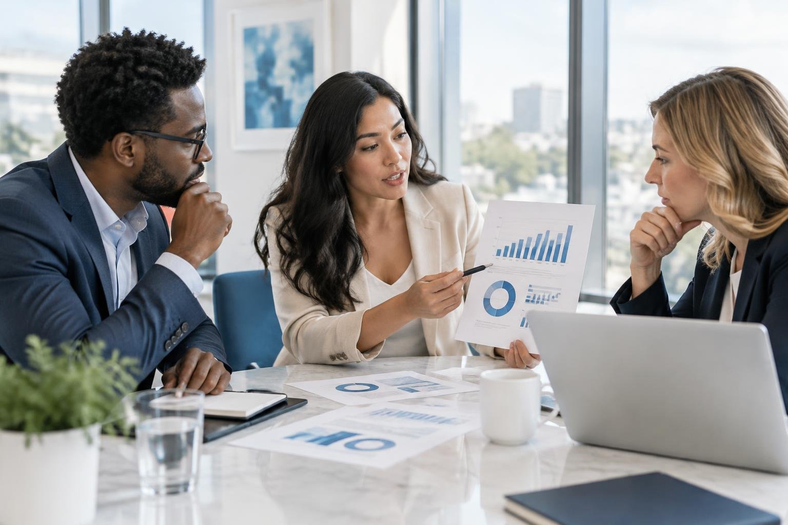 Professionals collaborating on market research and data analysis